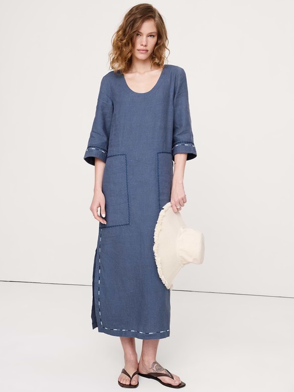 Banana Republic Embroidered Linen Scoop Neck Maxi Dress M